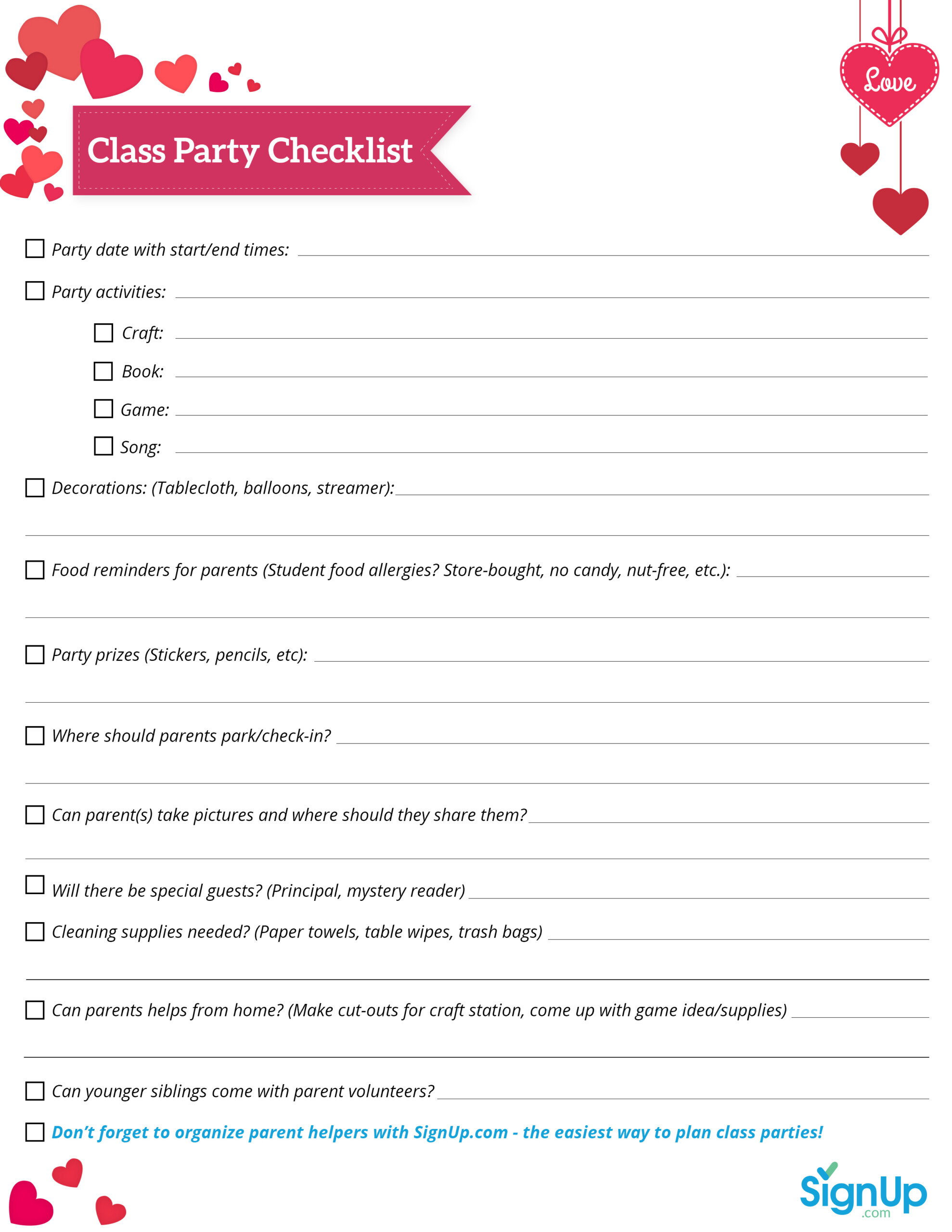 Free Downloadable Valentine S Day Class Party Checklist SignUp Free Downloadable Valentine s Day Class Party Checklist SignUp