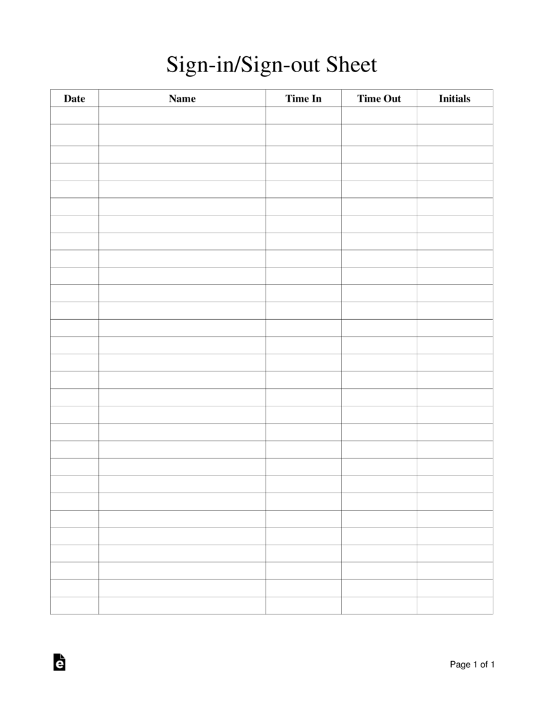 Free Sign in Sign out Sheet Template PDF Word EForms