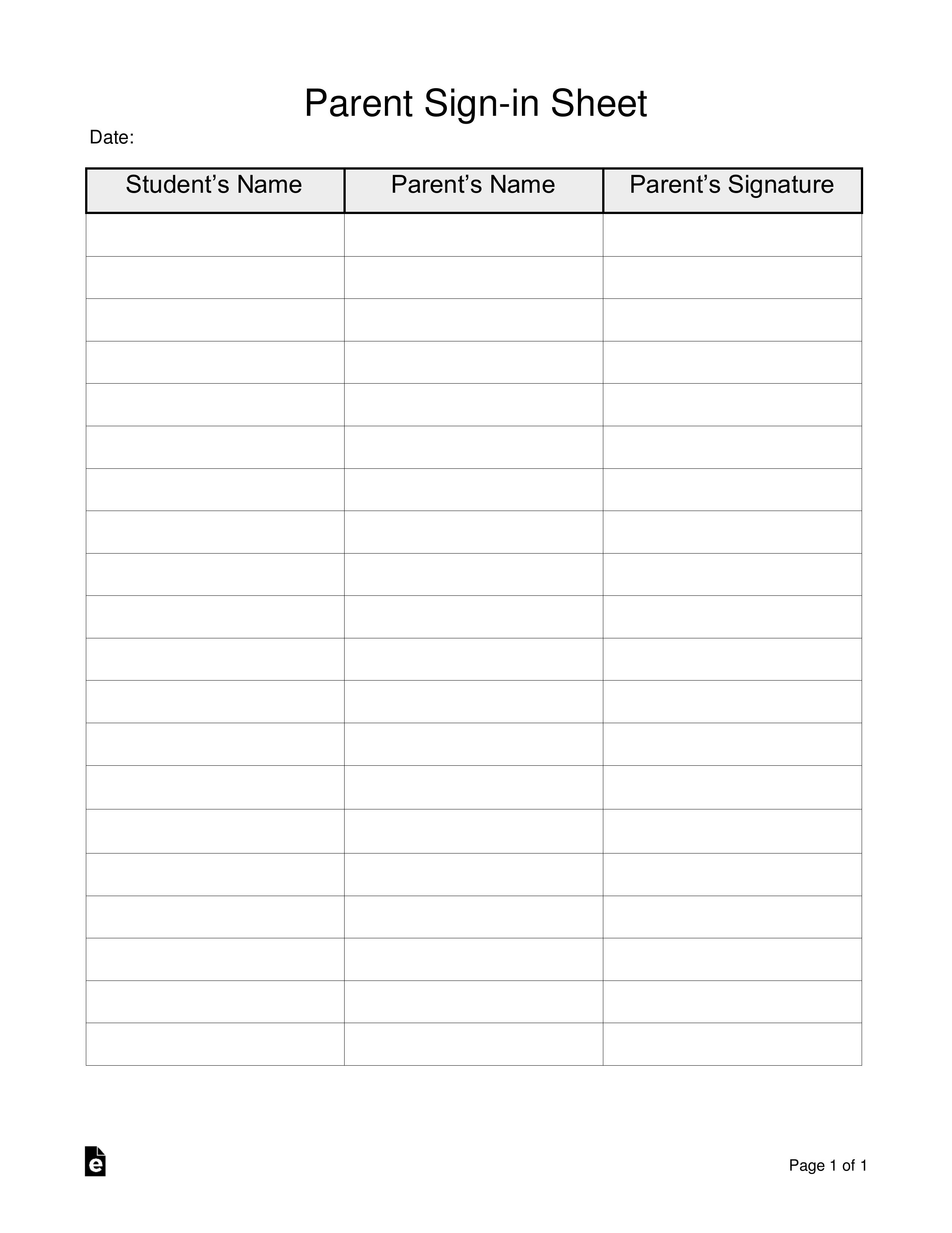 Free Parent Sign In Sheet Template Word PDF EForms Free Parent Sign in Sheet Template Word PDF EForms