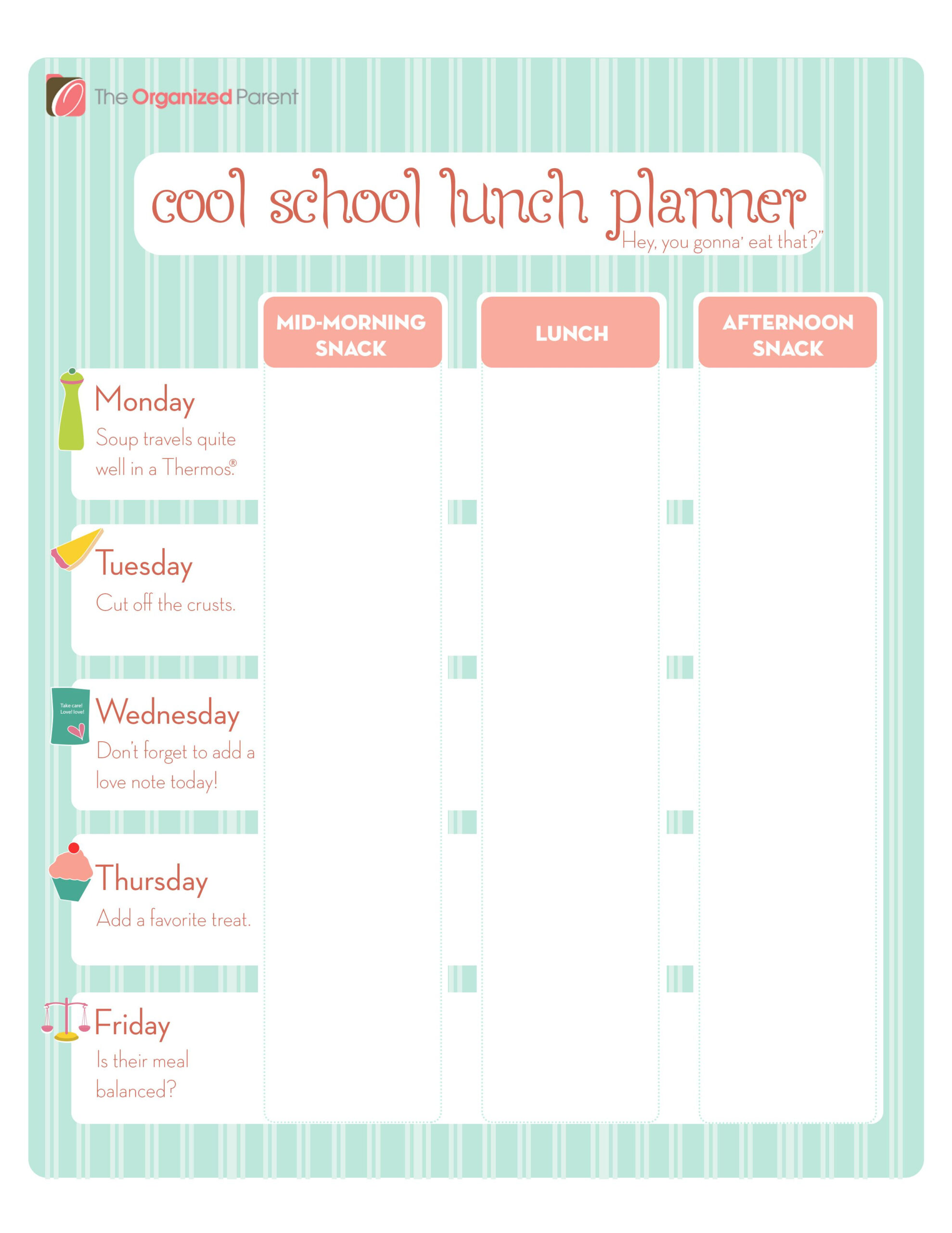 Free Printables The Organized Parent Lunch Planner School Lunch Free Printables The Organized Parent Lunch Planner School Lunch