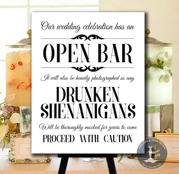 Open Bar Printable Wedding Sign Black And White Drunken